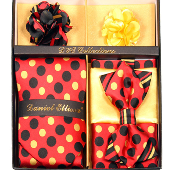 6 Piece Red Yellow Dot Necktie & Bow Tie Set